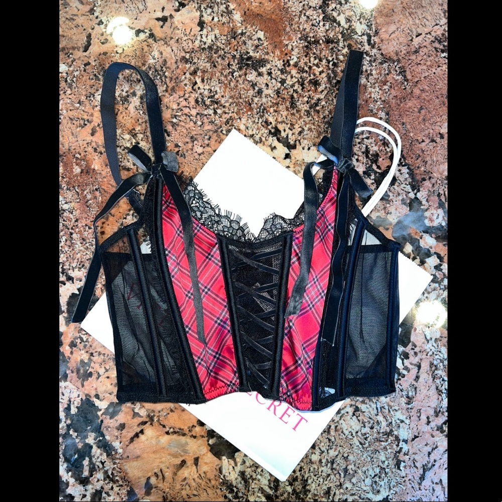 Dream Angels VS Victorias Secret Unlined Lace-up Bra TOP Corset S Small PLAID